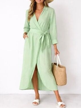 Magaschoni 100% Linen Wrap Maxi Dress in Green Size 8